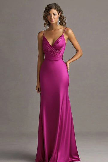 Fuchsia V Neck Sheath Ruched Long Evening Dress